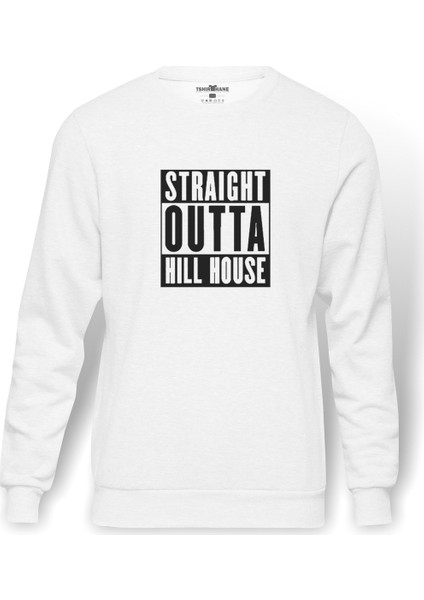 The Haunting Of Hill House Straight Outta Hill House Baskılı Beyaz Erkek Örme Sweatshirt Uzun kol