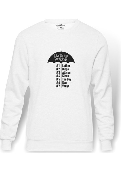 The Umbrella Academy Characters Name Baskılı Beyaz Erkek Örme Sweatshirt Uzun kol