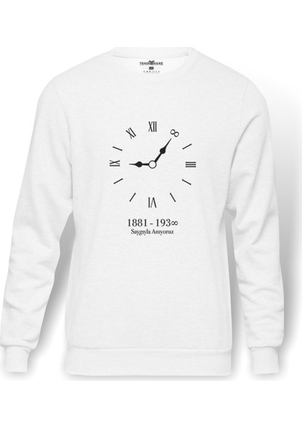 10 Kasım Saat 09 05 Baskılı Beyaz Erkek Örme Sweatshirt Uzun kol
