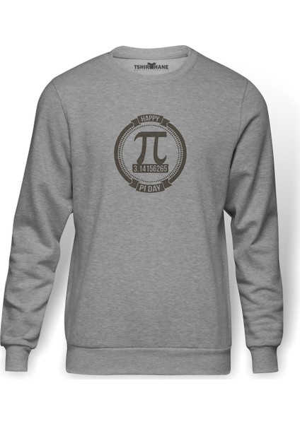 14 Mart Dünya Pi Günü Dj Baskılı Gri Melanj Erkek Örme Sweatshirt Uzun kol