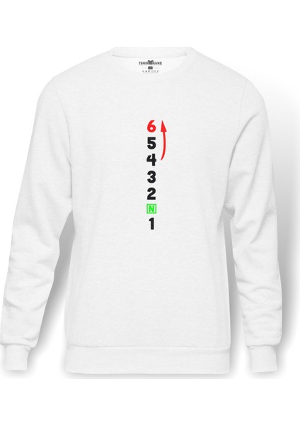 1n23456 Motor Ileri Baskılı Beyaz Erkek Örme Sweatshirt Uzun kol