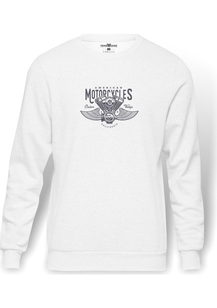 American Costum Vintage Baskılı Beyaz Erkek Örme Sweatshirt Uzun kol