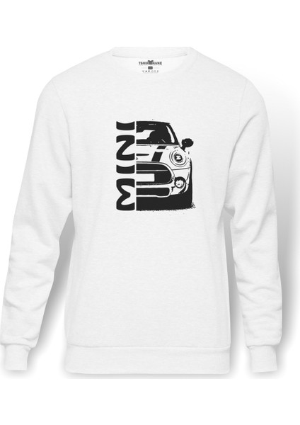 Araba Mini Baskılı Beyaz Erkek Örme Sweatshirt Uzun kol