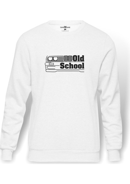 Araba Old School Baskılı Beyaz Erkek Örme Sweatshirt Uzun kol