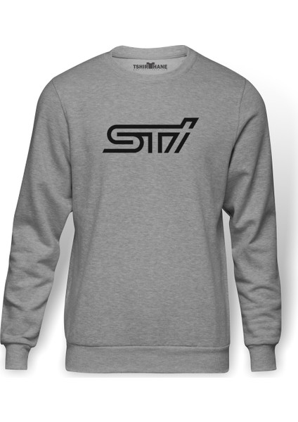 Araba Subaru Sti Baskılı Gri Melanj Erkek Örme Sweatshirt Uzun kol