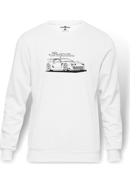 Araba Supra Baskılı Beyaz Erkek Örme Sweatshirt Uzun kol