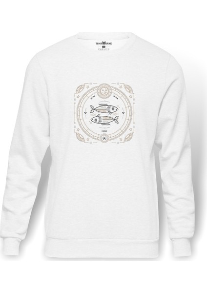 Burç Balık Pisces Baskılı Beyaz Erkek Örme Sweatshirt Uzun kol