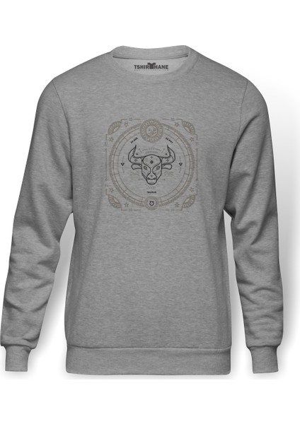 Burç Boğa Taurus Baskılı Gri Melanj Erkek Örme Sweatshirt Uzun kol