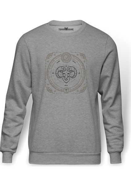 Burç Koç Aries Baskılı Gri Melanj Erkek Örme Sweatshirt Uzun kol
