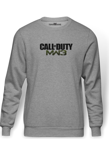 Call Of Dutf MW3 Baskılı Gri Melanj Erkek Örme Sweatshirt Uzun kol