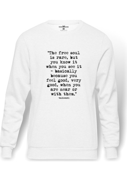 Charles Bukowski The Free Soul Is Baskılı Beyaz Erkek Örme Sweatshirt Uzun kol