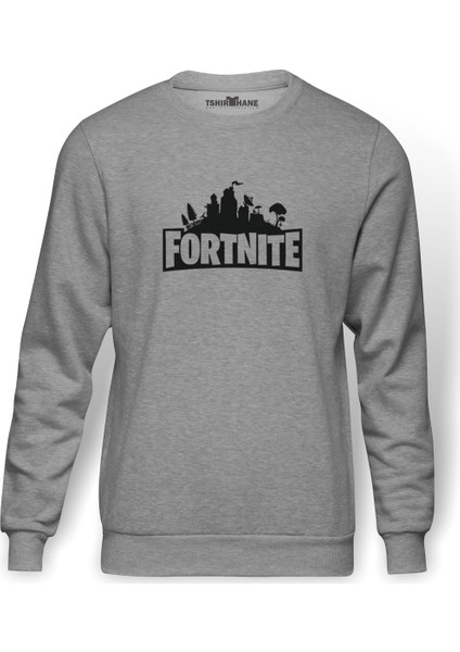 Fortnite Logo Baskılı Gri Melanj Erkek Örme Sweatshirt Uzun kol