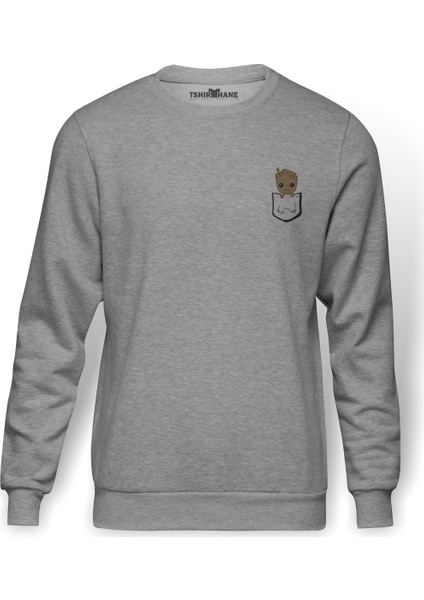 Groot Baby Cep Baskılı Gri Melanj Erkek Örme Sweatshirt Uzun kol