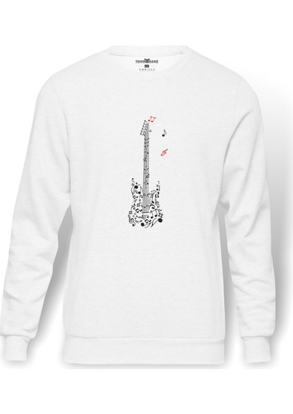 Guitar Melody Tipografi Baskılı Beyaz Erkek Örme Sweatshirt Uzun kol