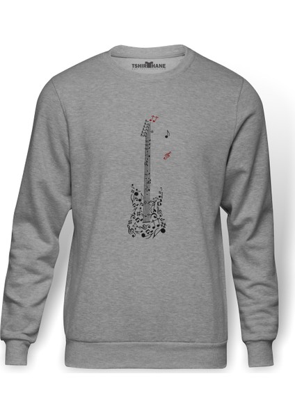 Guitar Melody Tipografi Baskılı Gri Melanj Erkek Örme Sweatshirt Uzun kol