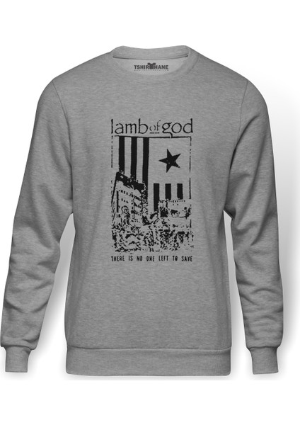 Lamb Of God There Is No Baskılı Gri Melanj Erkek Örme Sweatshirt Uzun kol