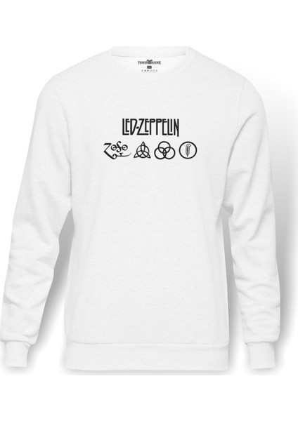 Led Zeppelin Sembol Siyah Baskılı Beyaz Erkek Örme Sweatshirt Uzun kol