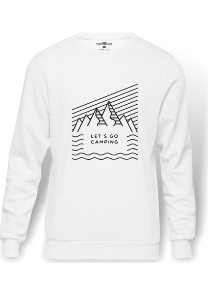 Lets Go Camping Dağ Baskılı Beyaz Erkek Örme Sweatshirt Uzun kol