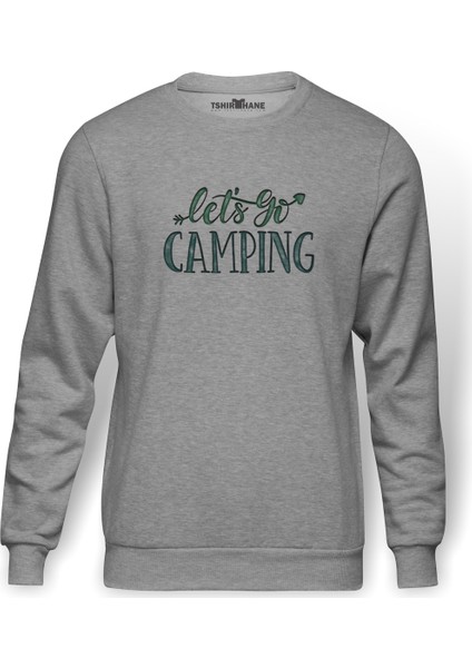 Lets Go Camping Tipografi Baskılı Gri Melanj Erkek Örme Sweatshirt Uzun kol