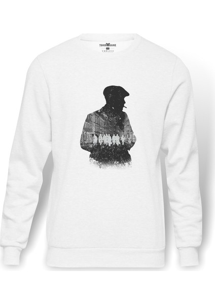 Peaky Blinders Tommy Shelby Gölge Baskılı Beyaz Erkek Örme Sweatshirt Uzun kol