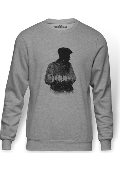 Peaky Blinders Tommy Shelby Gölge Baskılı Gri Melanj Erkek Örme Sweatshirt Uzun kol