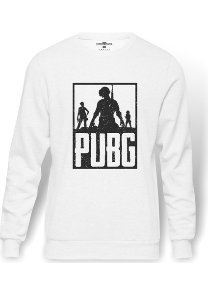 Pubg 3 Adam Team Baskılı Beyaz Erkek Örme Sweatshirt Uzun kol