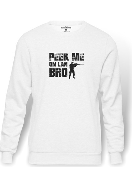 Pubg Peek Me On Lan Bro Baskılı Beyaz Erkek Örme Sweatshirt Uzun kol