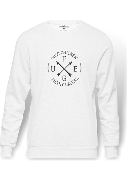 Pubg Solo Chicken Baskılı Beyaz Erkek Örme Sweatshirt Uzun kol