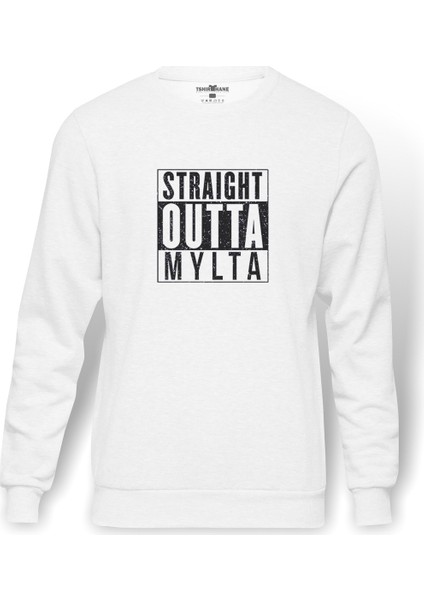 Pubg Straıght Outta Mylta Baskılı Beyaz Erkek Örme Sweatshirt Uzun kol