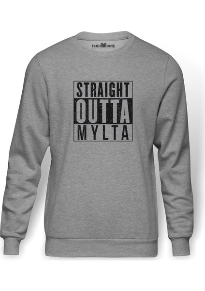 Pubg Straıght Outta Mylta Baskılı Gri Melanj Erkek Örme Sweatshirt Uzun kol