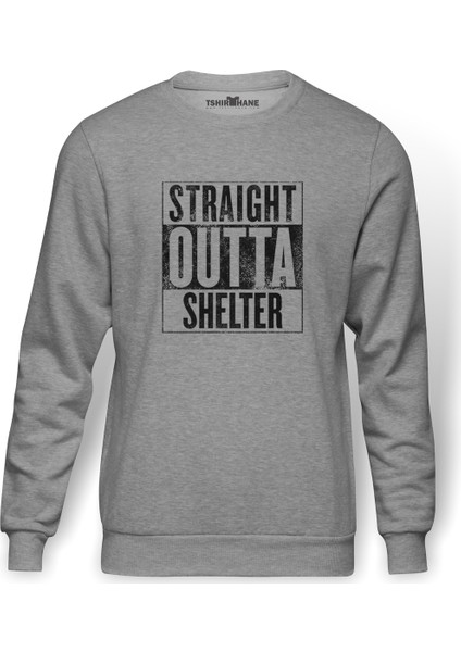 Pubg Straıght Outta Shelter Baskılı Gri Melanj Erkek Örme Sweatshirt Uzun kol