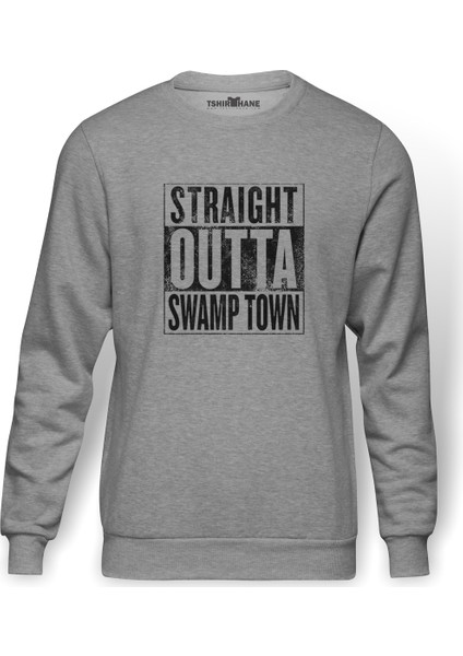 Pubg Straıght Outta Swamp Town Baskılı Gri Melanj Erkek Örme Sweatshirt Uzun kol