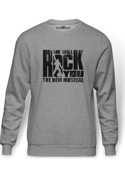QUEEN We Will Rock You Baskılı Gri Melanj Erkek Örme Sweatshirt Uzun kol