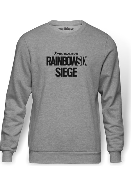 Rainbowsix Baskılı Gri Melanj Erkek Örme Sweatshirt Uzun kol