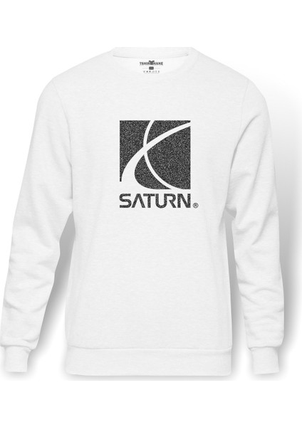 Saturn Baskılı Beyaz Erkek Örme Sweatshirt Uzun kol