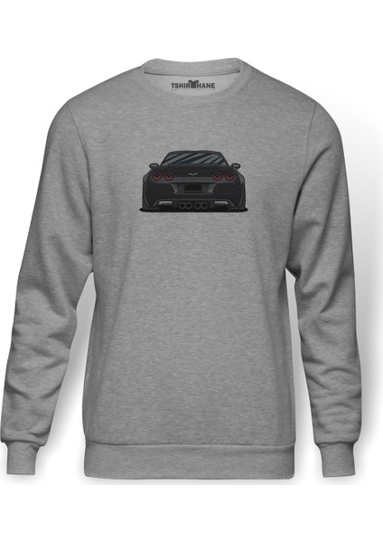 Corvette C6 ZR6X Baskılı Gri Melanj Erkek Örme Sweatshirt Uzun kol