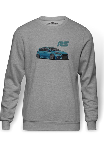 Ford Focus RS Baskılı Gri Melanj Erkek Örme Sweatshirt Uzun kol