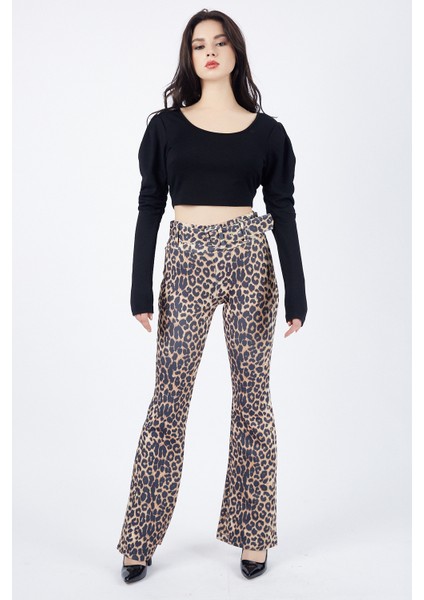 Beli Kumaş Kaplama Toka ve Kemerli Scuba Leopar Ispanyol Paça Pantolon | PNT32735 Leopar Desenli