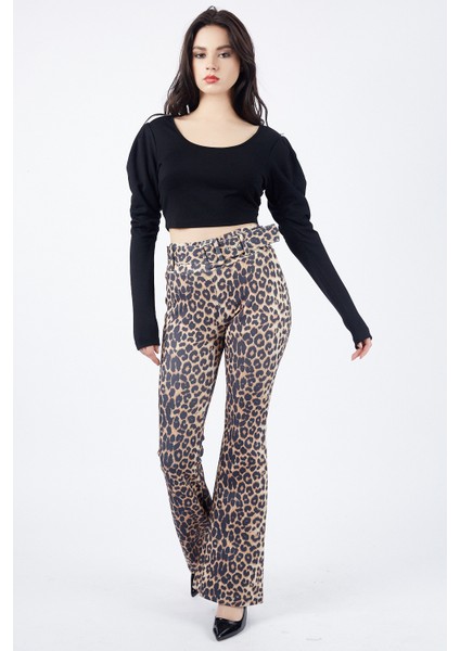 Beli Kumaş Kaplama Toka ve Kemerli Scuba Leopar Ispanyol Paça Pantolon | PNT32735 Leopar Desenli