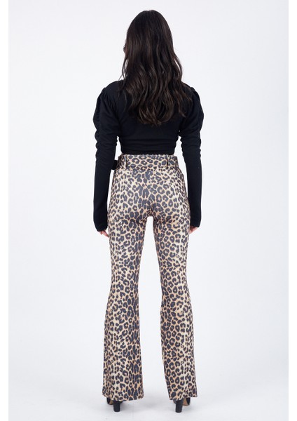 Beli Kumaş Kaplama Toka ve Kemerli Scuba Leopar Ispanyol Paça Pantolon | PNT32735 Leopar Desenli
