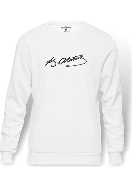 Mustafa Kemal Atatürk İmza Baskılı Beyaz Erkek Örme Sweatshirt Uzun kol