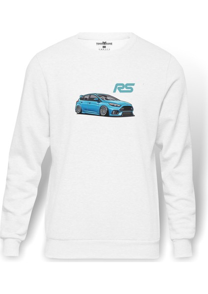 Ford Focus RS Baskılı Beyaz Erkek Örme Sweatshirt Uzun kol