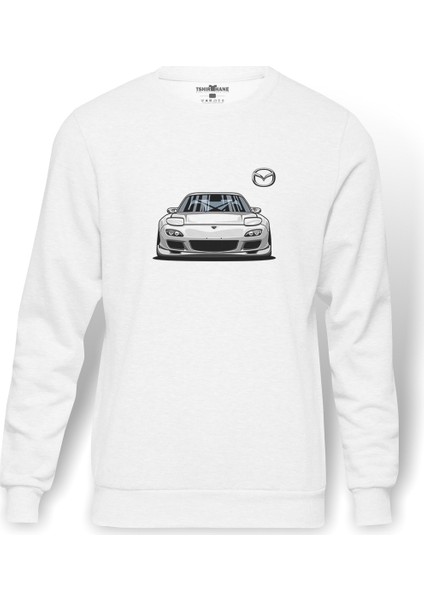 Mazda RX7 Baskılı Beyaz Erkek Örme Sweatshirt Uzun kol