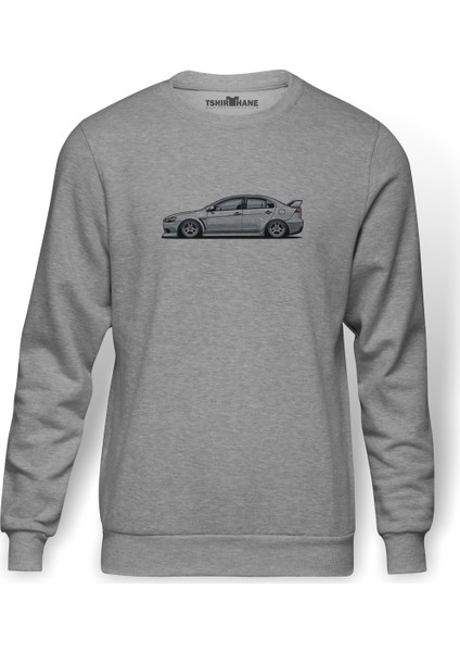 Mitsubishi Lancer Evo X Baskılı Gri Melanj Erkek Örme Sweatshirt Uzun kol