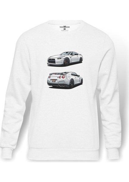 Nissan GT R Baskılı Beyaz Erkek Örme Sweatshirt Uzun kol