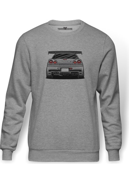 Nissan Skyline R 34 Baskılı Gri Melanj Erkek Örme Sweatshirt Uzun kol