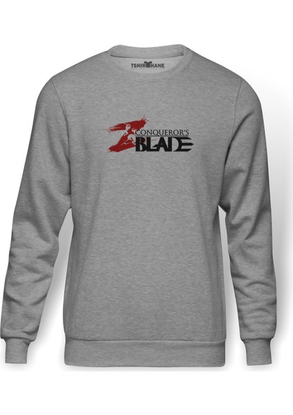 CONQUEROR' BALDE Baskılı Gri Melanj Erkek Örme Sweatshirt Uzun kol