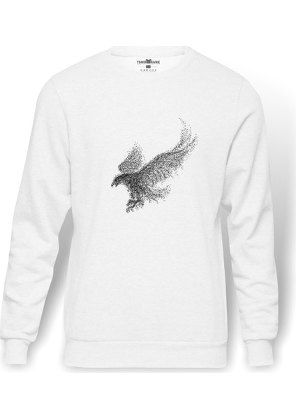 Kel Kartal Kuşu Kanatları Parçacıklar Baskılı Beyaz Erkek Örme Sweatshirt Uzun kol