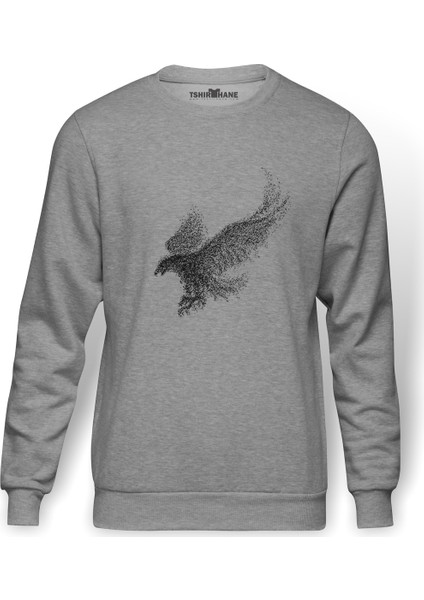 Kel Kartal Kuşu Kanatları Parçacıklar Baskılı Gri Melanj Erkek Örme Sweatshirt Uzun kol