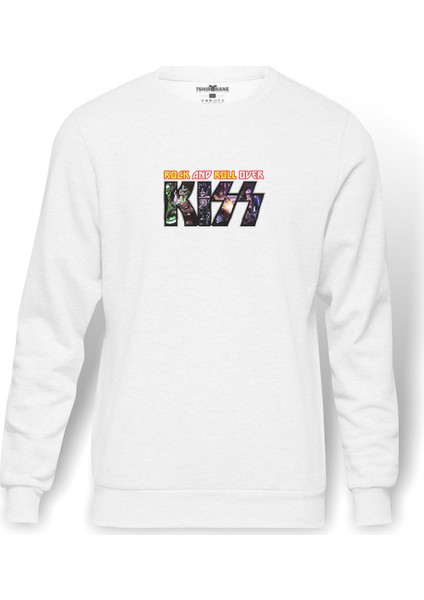 Kiss Rock And Roll Over Müzik Topluluğu Öpücük Baskılı Beyaz Erkek Örme Sweatshirt Uzun kol